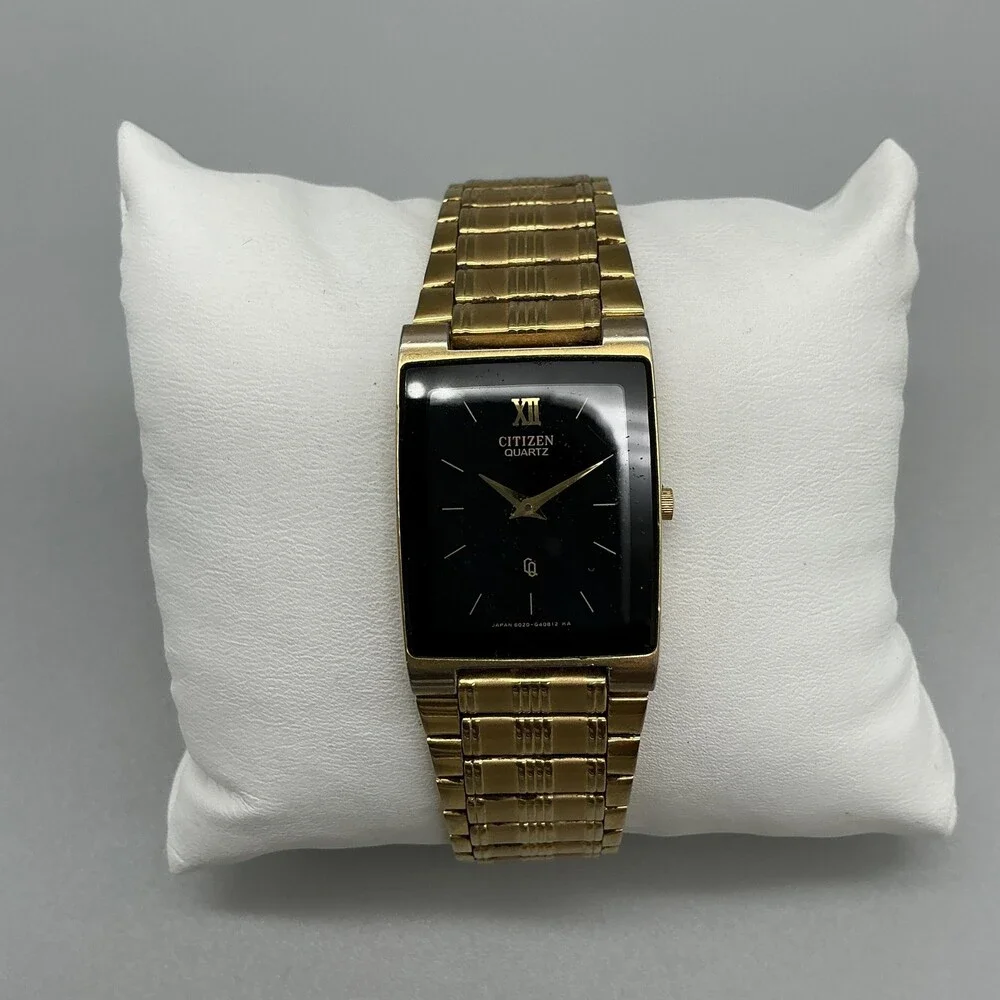 Vintage Citizen Mens Watch 24mm Black Dial Gold Tone Broken Band New Battery